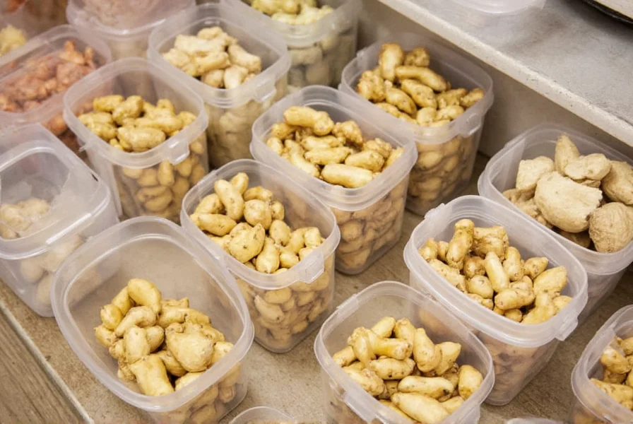 Various storage containers with peeled ginger showing proper refrigeration methods