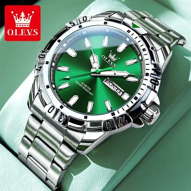 OLEVS 5560 Men Sport Quartz Watches Waterproof Luminous Double Calendar Stainless Steel Watch for Men Green Relojes Hombre