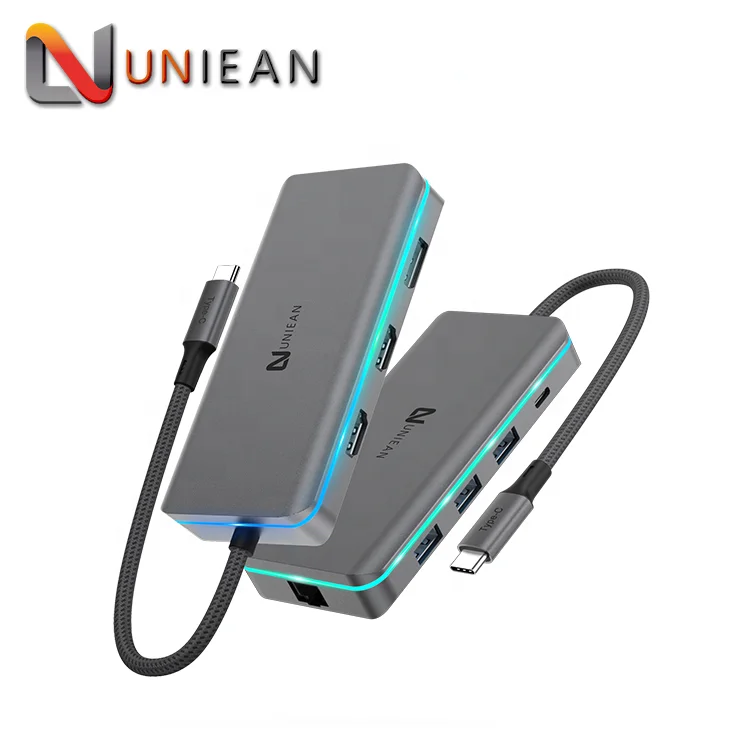 

8 in 1 USB Type C to 3.5mm Audio Jack Adapter HUB 4K 2 HDMI USB-C PD Charging 100W 3 USB-A 3.0 Docking Station for RGB Lighting