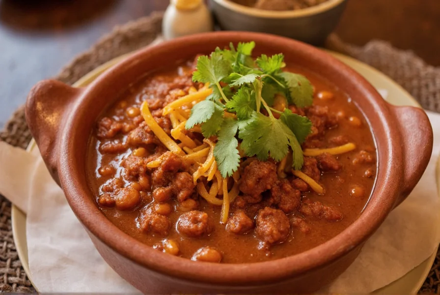 Authentic Texas-style chili served in a ceramic bowl with fresh cilantro garnish at a popular NYC restaurant