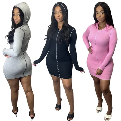 

B35298A 2020 Winter fashion lady sexy mid waist hoody dress, Shown