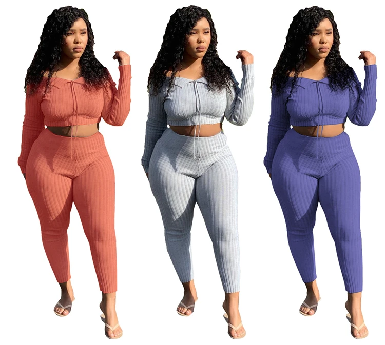 C91287 2019 wholesale women crop top off shoulder casual bodycon fashion sexy casual two-piece suit solid color suit set