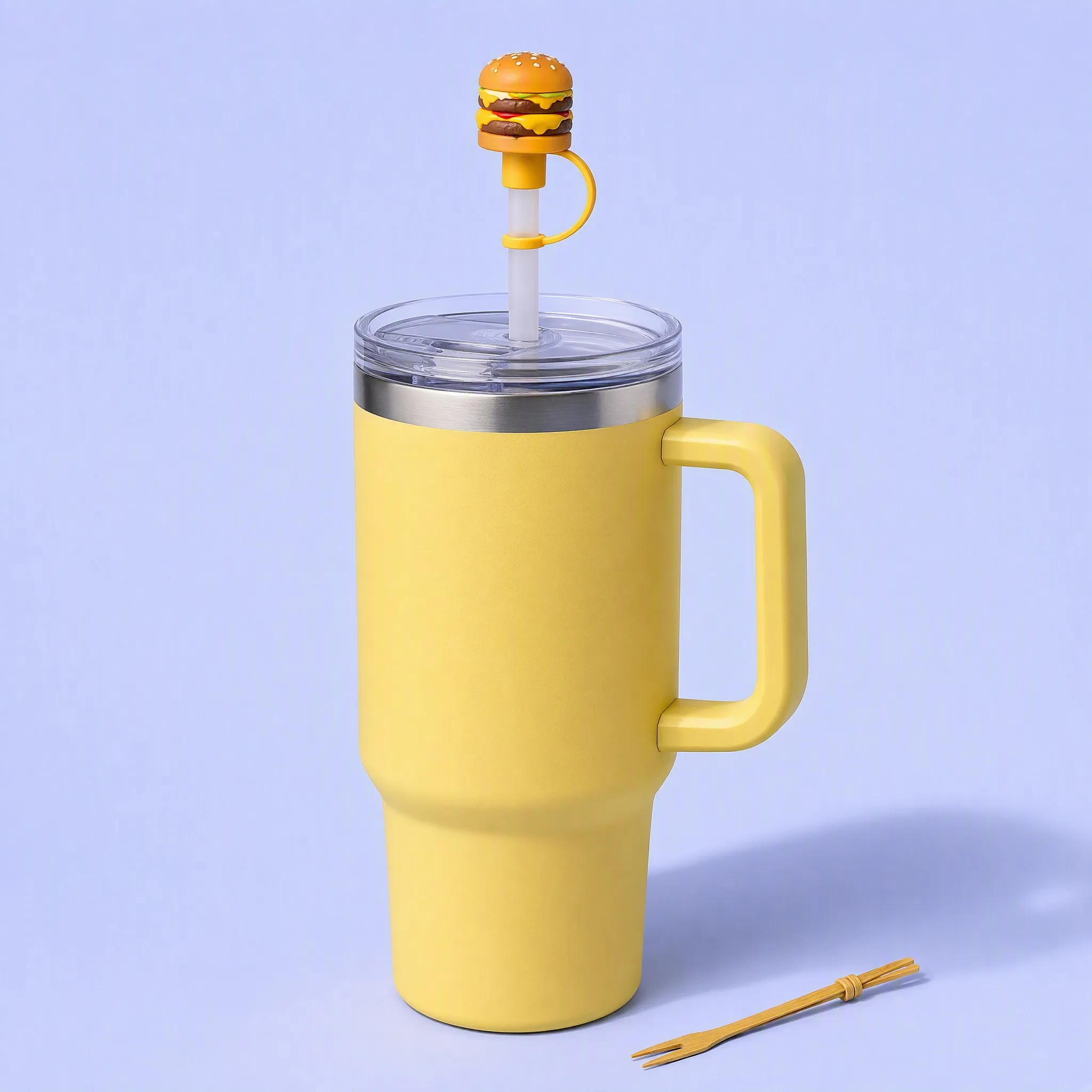Double Cheeseburger Straw Cover on Sunny Yellow Stanley Tumbler