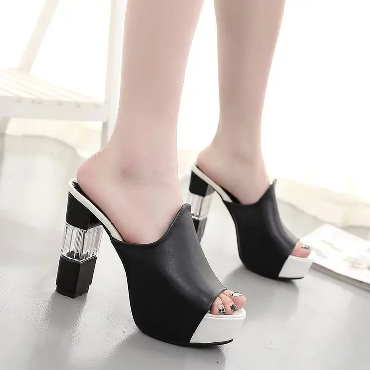 

Large size thick-soled ultra-high thick heel ladies wedge slippers, White, black, red