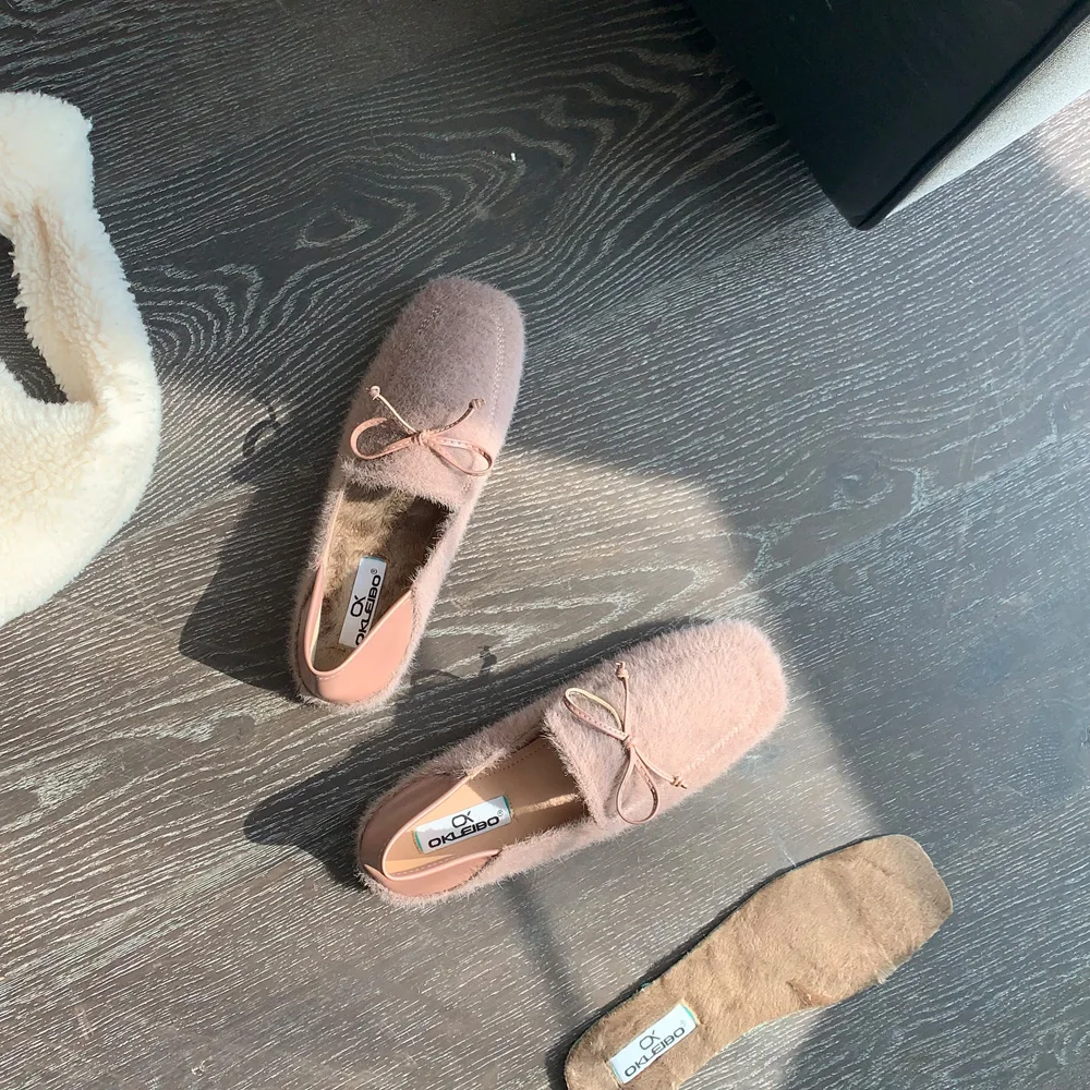 

2021 autumn and winter new lamb wool shoes women's Korean version soft leather flat shoes bow brown suede small leather shoes