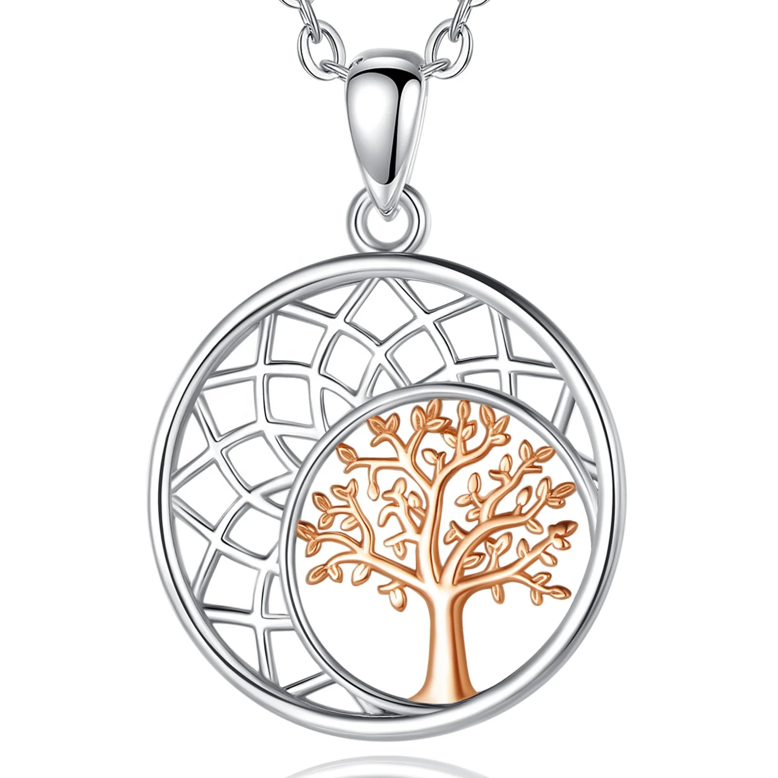 

Fine Jewelry 925 Sterling Silver Rose Gold Plated Hollow out Tree of Life and Moon Pendant Necklace for Women or Men