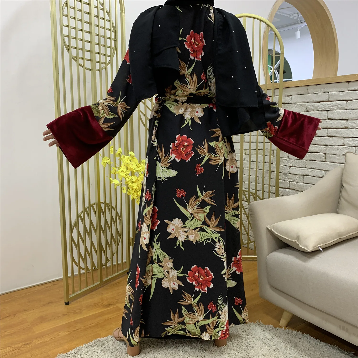 

New Arrival loose tie Large velvet patchwork cardigan gown muslim dress abayas middle east abaya dubai