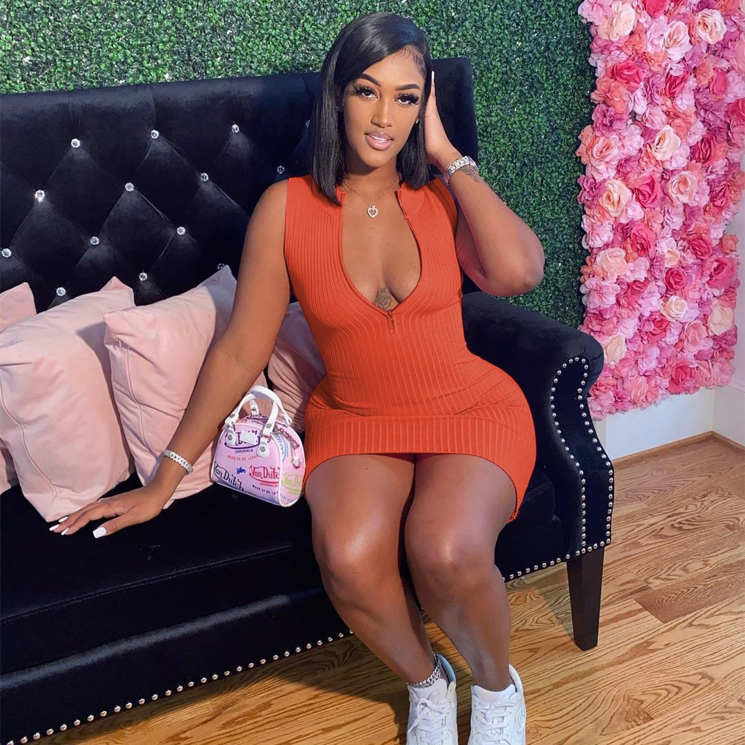 

2021 summer casual orange ribbed dress knitted sexy bodycon sleeveless zipper short dresses women