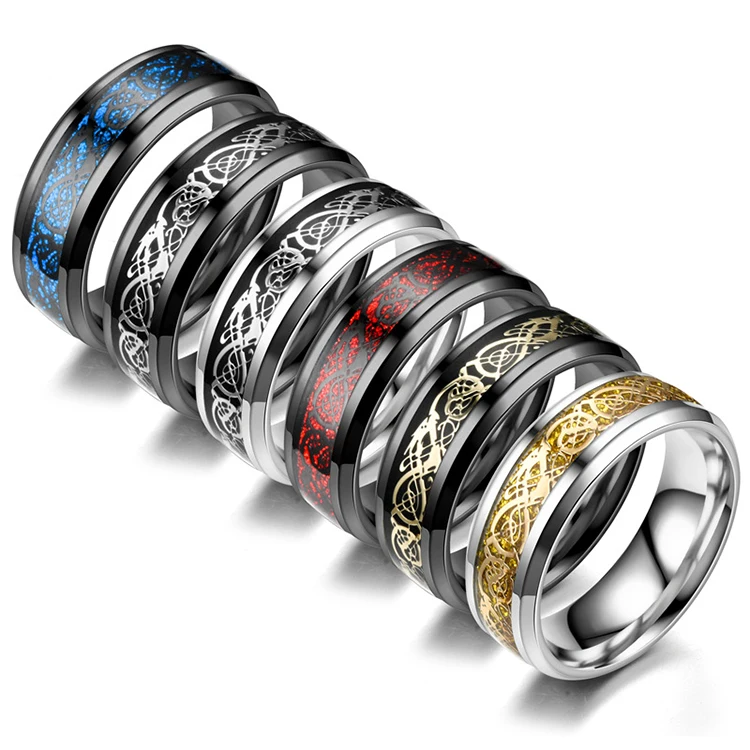 

2021 stainless steel tungsten finger rings silver gold plated red dragon pattern carbon fiber titanium steel ring for men 8mm, Gold, silver , black,blue