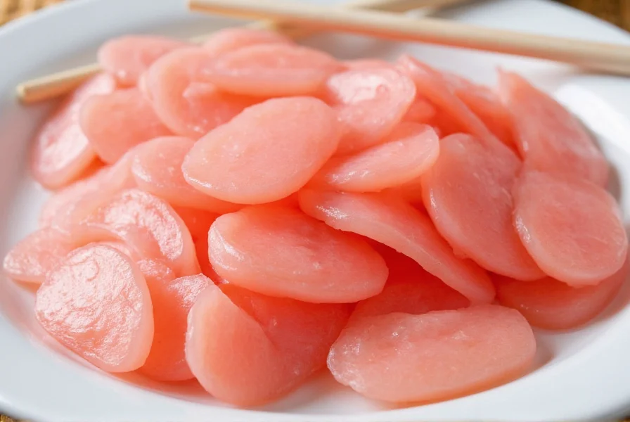Close-up of pink pickled ginger slices on white plate with chopsticks