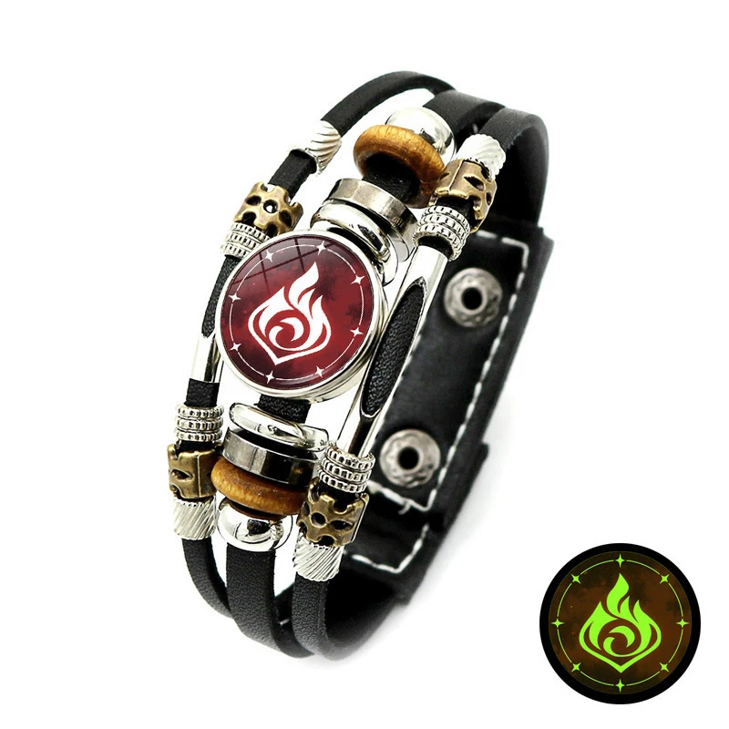 Luminous Genshin Impact Leather Bracelet Glow In Dark Eye of God Water Wind Thunder Fire Rock Ice Snap Button Bracelet