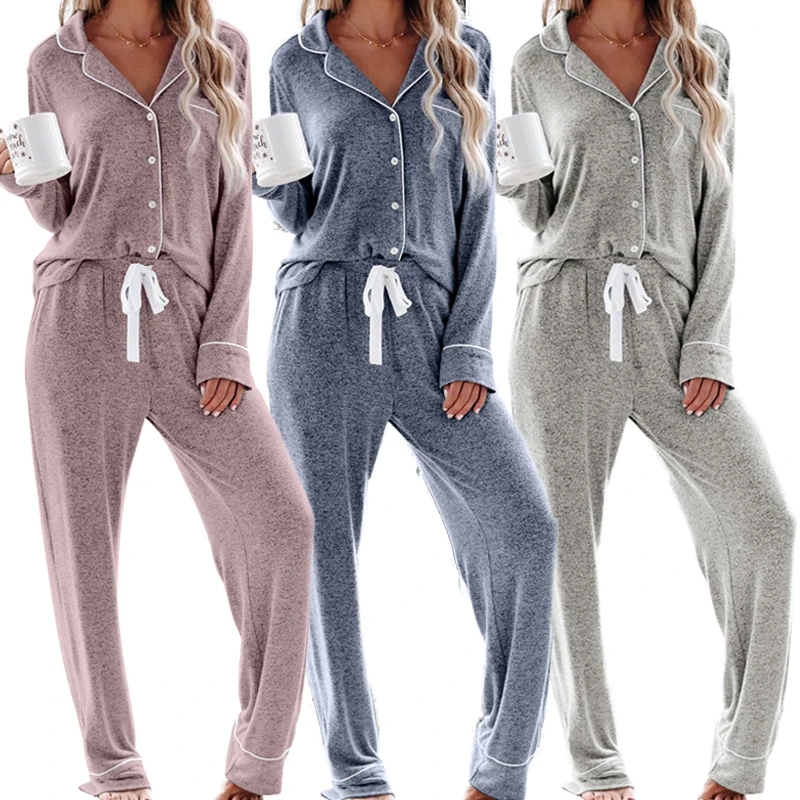 

New style long sleeved winter designer warm polyester 2 piece womens soft pajamas sleepwear for women set, Customized color