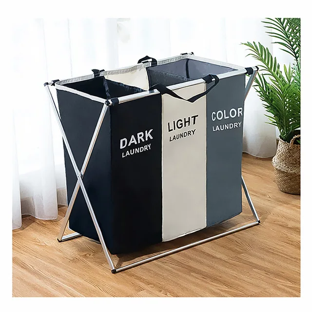 

Foldable Laundry Basket For Dirty Clothes Large Size Sorter For Dirty Clothes Three Compartments Foldable Laundry Basket, Customized color/ white