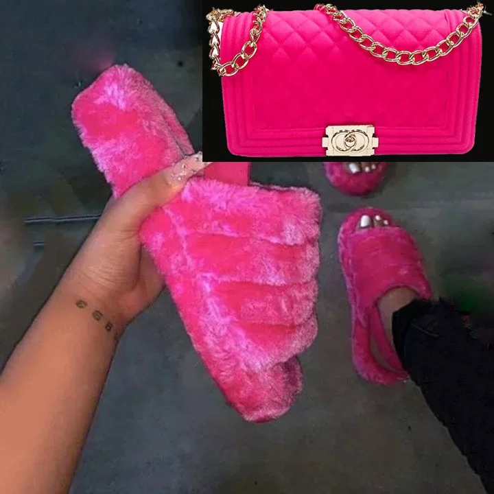 

GW Fashion purses with fur soft sandal shoes leopard print slippers womens ankle strap sandals jelly purse handbags sets