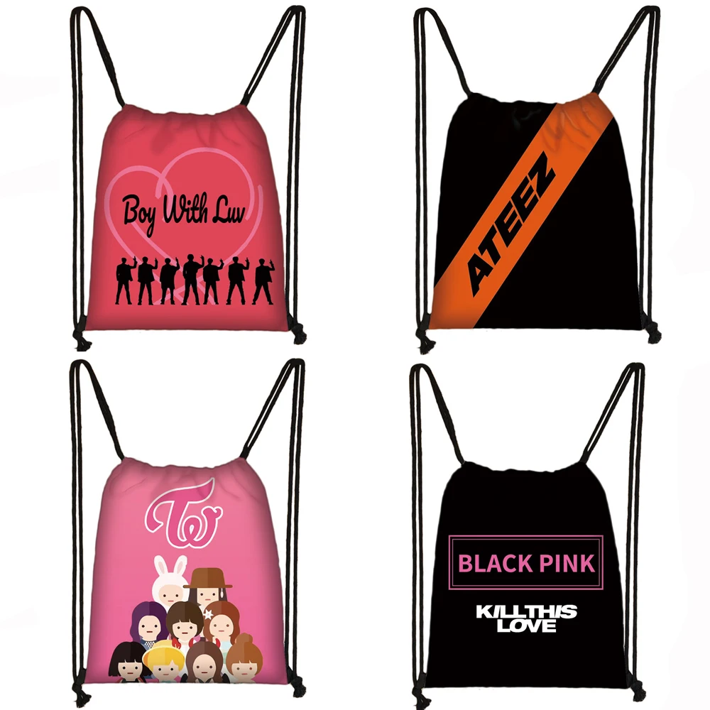 

K-pop Blackpink Ateez Drawstring Bag Women TXT Twice Fashion Storage Bags Kpop Boy with Luv Backpack Girls Foldable Shopping Bag, Customized color