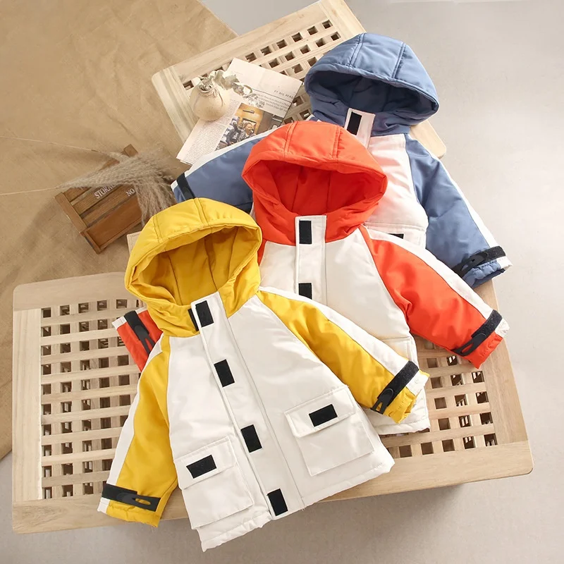 

Color block cartoon zipper cotton coat Boys and girls thick down padded jacket autumn and winter hooded jacket