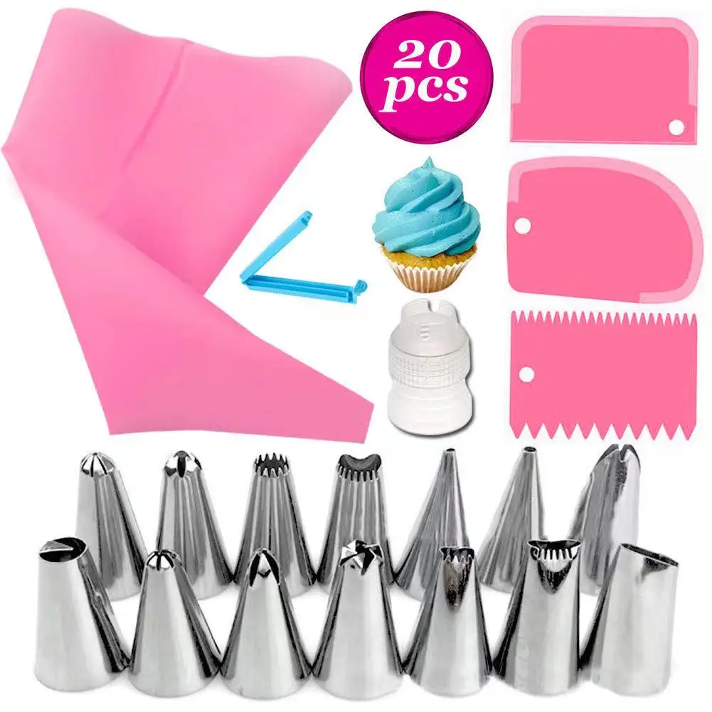 

CYKI 20PCS/Set Silicone Pastry Bag Tips Kitchen DIY Icing Piping Cream Reusable Pastry Bags 14 Nozzle Set Cake Decorating Tools, Pink