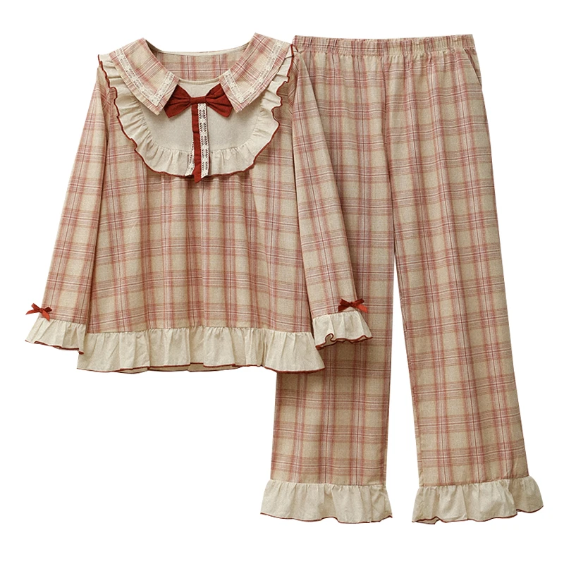 

Custom Korean Style Pajamas New Fashion Bow Knot Plaid Home Wear O-neck Women sleepwear Long Sleeve Loungewear Two Piece Pajamas