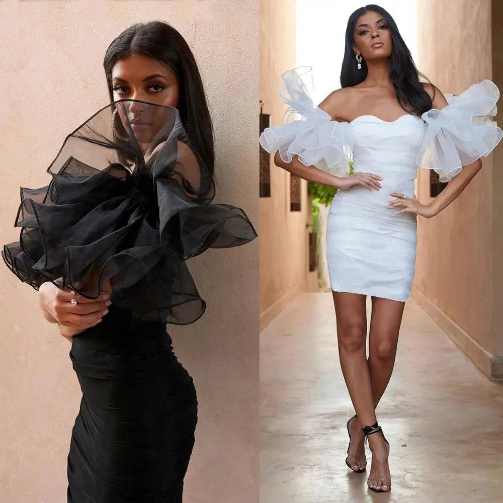 

2020 New Fashion Off shoulder Ruffle Puff Sleeve Yarn Bodycon Short Sexy Ladies Evening Dresses, 2 colors