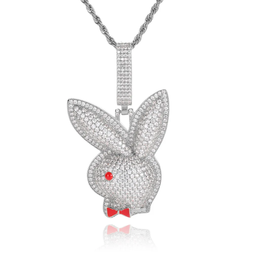 

2022 New Product Full Rhinestone Personality Hip Hop Necklace Iced Out Red Eye Tie Bunny Head Rabbit Pendant Necklace