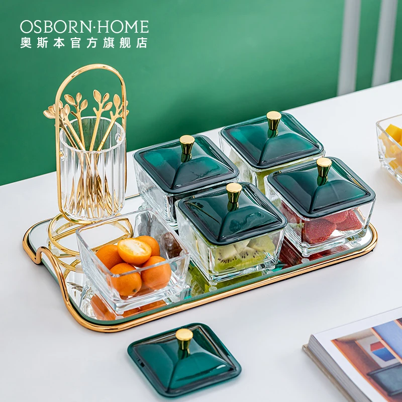 

OSBORN Nordic design glass snack tray serving bowls dishes set with cover for hotel coffee shop, Picture