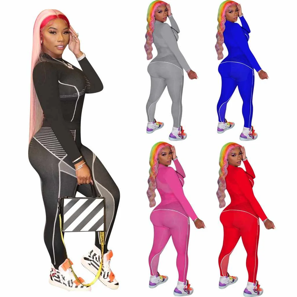 

Fashion Sport Casual Woman Two Piece Long Sets Reflective Strip Women Clothing Jogger Set Outfit Women 2 Piece Set, As picture or customized make