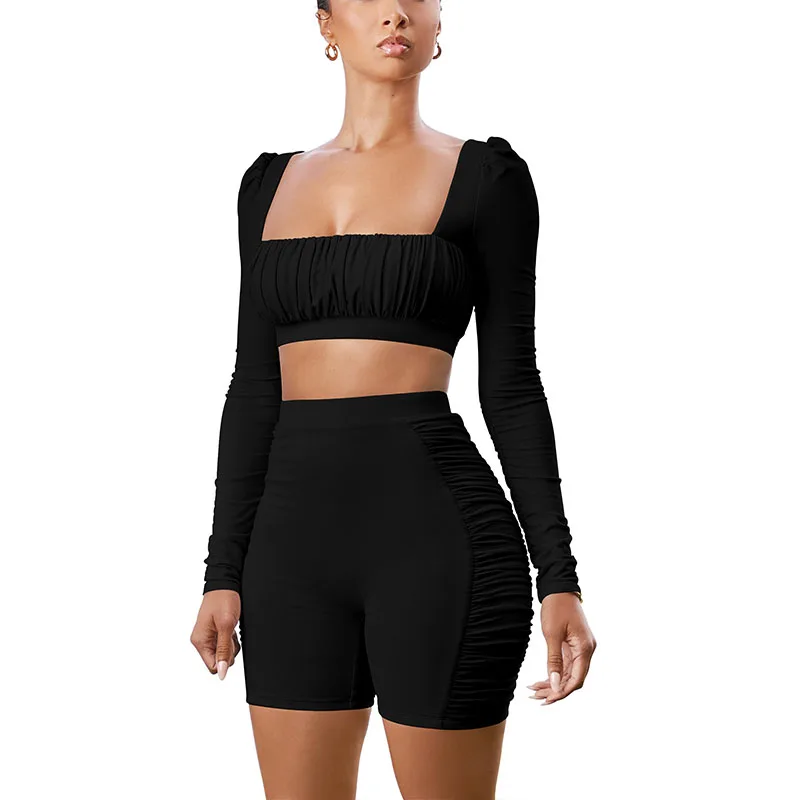 

Wangmu 2021 summer new arrival sexy solid color square collar long sleeve slim high waist fashion two-piece suit women AM782, Picture