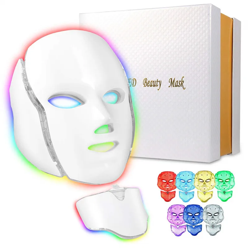 

Beauty care Skin Photon Rejuvenation Face & Neck face Masks EMS 7 Color LED light facial Mask, White,gold