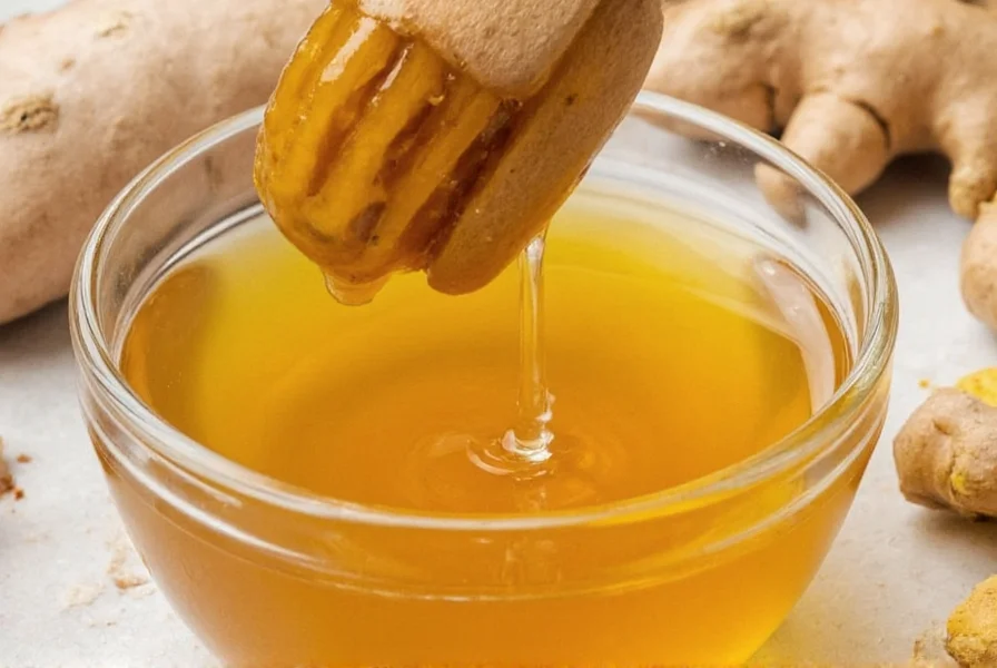 Goldene Honig-Kurkuma-Ingwer-Mischung in einem Glas mit frischen Zutaten