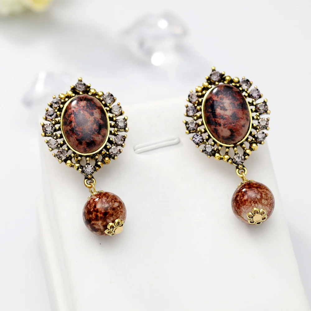

Wholesale Retro Bohemian Pattern Multicolor Alloy Rhinestone Artificial Stone Stud Earrings, Picture shows