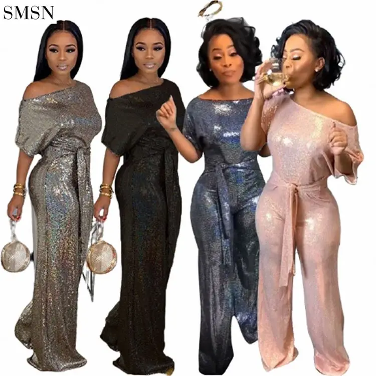 

TINA Fashionable O Neck Sequined Sashes Wide Leg Women Romper Sexy Jumpsuit 2021 Womens One Piece Jumpsuit
