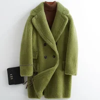 

2019 New Fur Women Long Green Shearling Teddy Bear Coat Fleece Jacket teddy coat green with low price