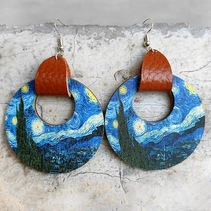 

Fun Teacher Earrings American Flag Earrings Wood and Leather Starry Night Art Earrings Gift for Her