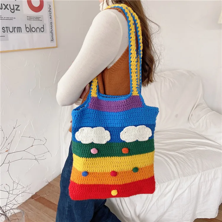 

Factory custom Bohemian Girl heart woven bags lined rainbow knitted handbag polyester cotton shoulder messenger bag wholesale