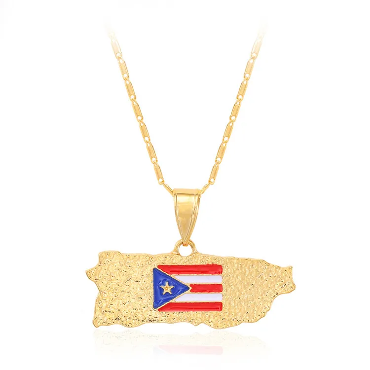 

Wholesale Different Chain Custom Country Puerto Rico Map Flag Pendant Necklace, As picture