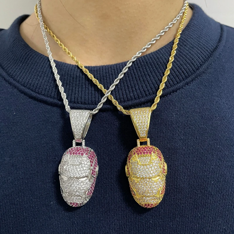 

Personalized Hip Hop Jewelry Iron Man Head Pendant Necklace Micro Zircon Iced out Silver Gold Pendant