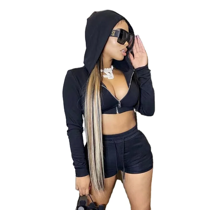 

Wholesale custom free LOGO women's two-piece clothing, drawstring elastic solid color shorts and sexy hoodies, 5 colors