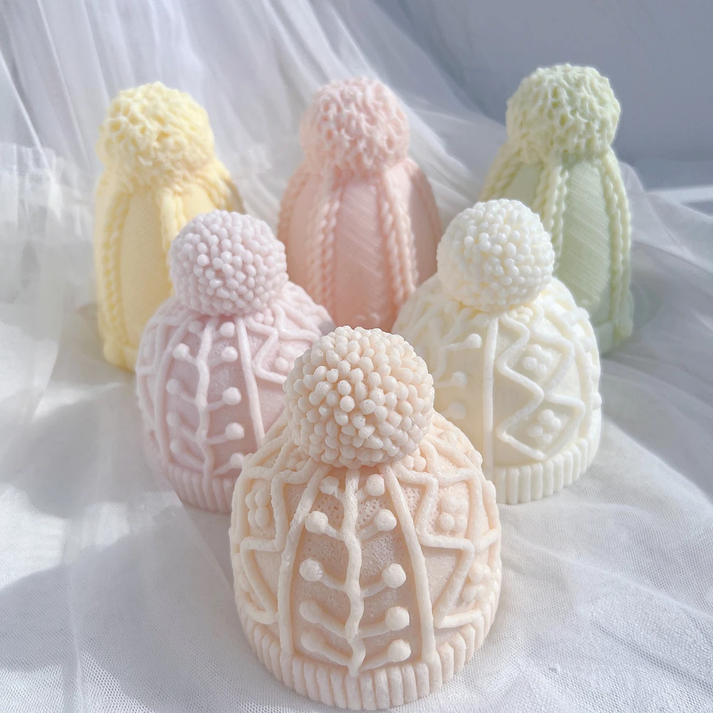 Christmas Bobble Cap Candle Molds Knit Santa Hat Soy Wax for Xmas Eve Home Decorating Winter Knitted Hat Cake Silicone Mold