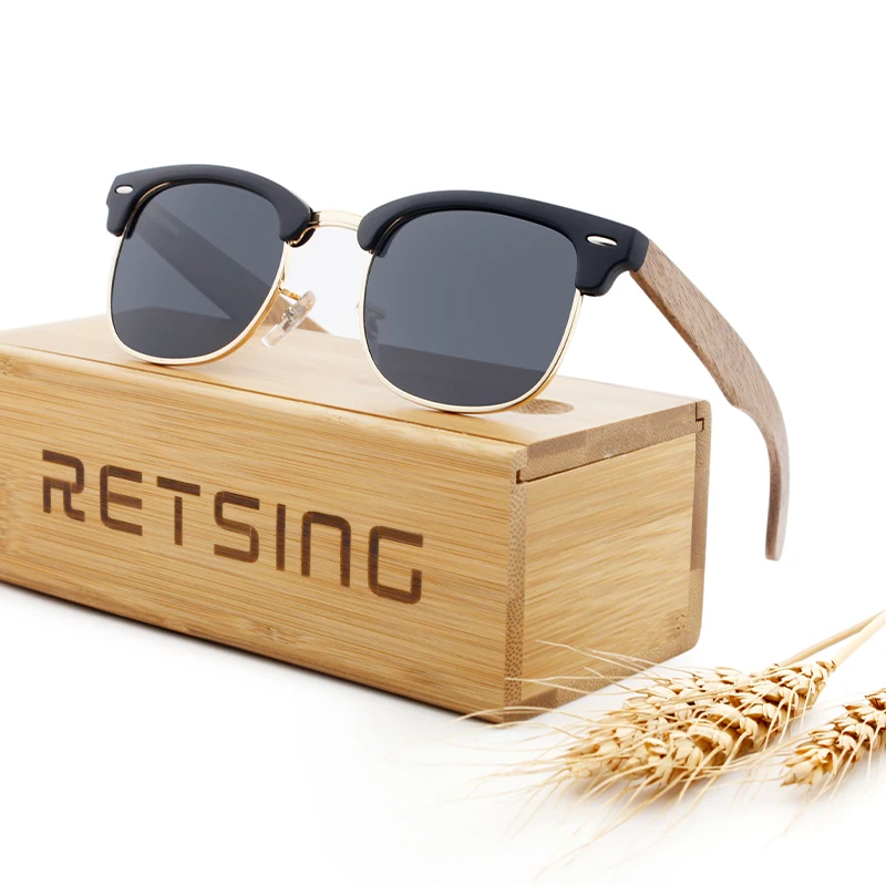

OEM Fashionable Bamboo Sunny Eyewear UV400 Polarized Half Frame Wooden Sunglasses