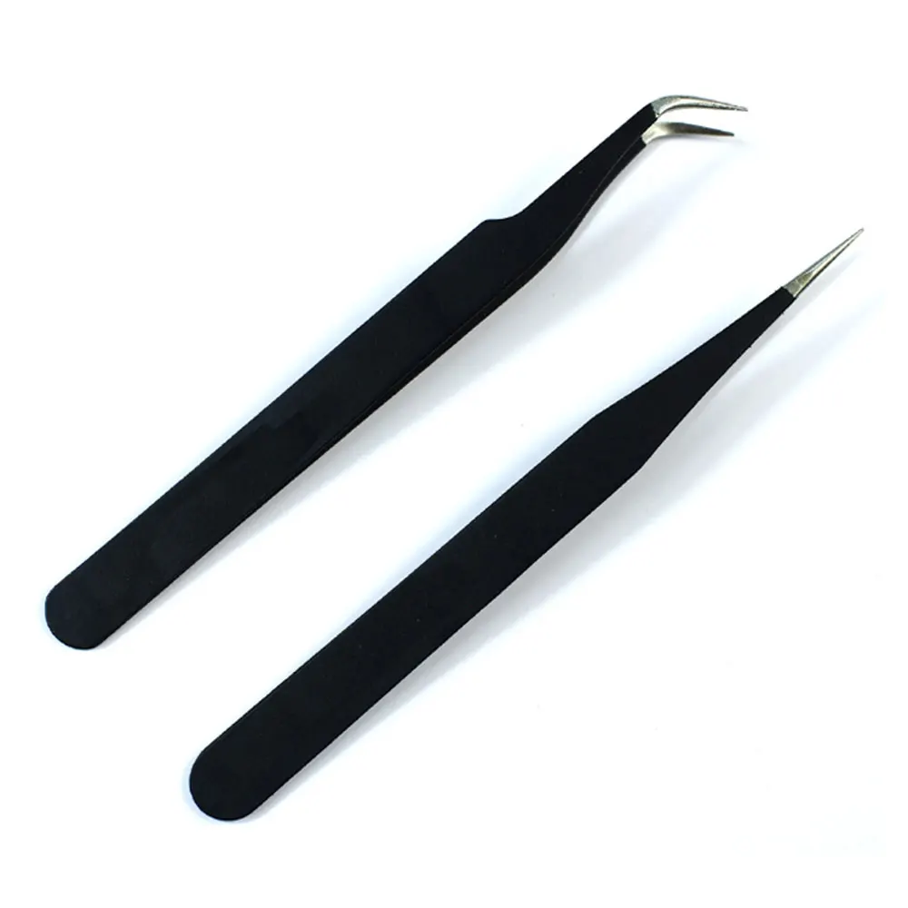 

Wholesale Black professional eyelash extension tweezers Stainless steel curved and straight point eyelash tweezers