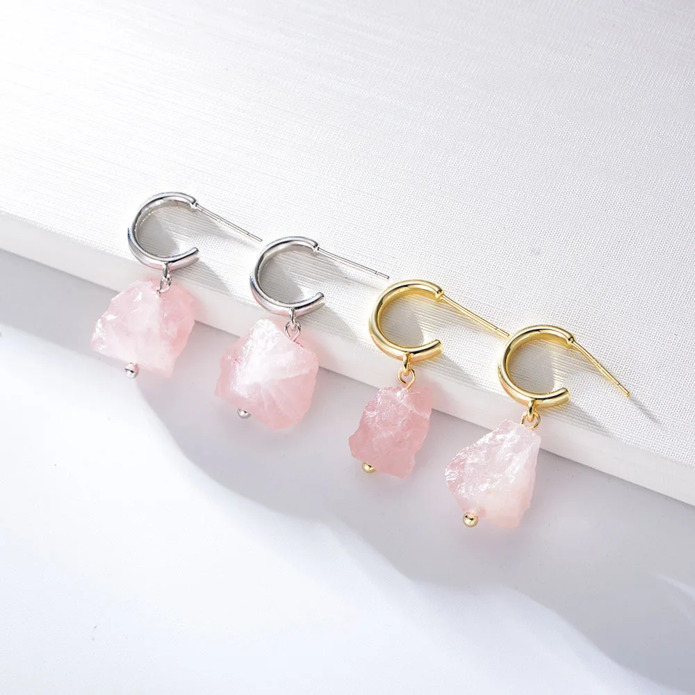 

Minimalist Polished C Huggie Hoop Earring 925 Silver Natural Rose Quartz Stone Dangle Hoop Earring