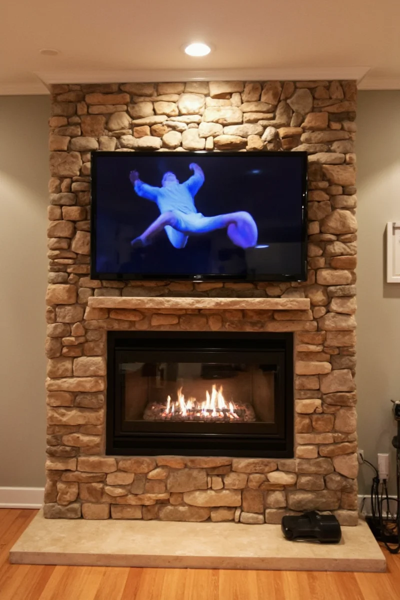 Cozy TV nook with layered lighting above fireplace