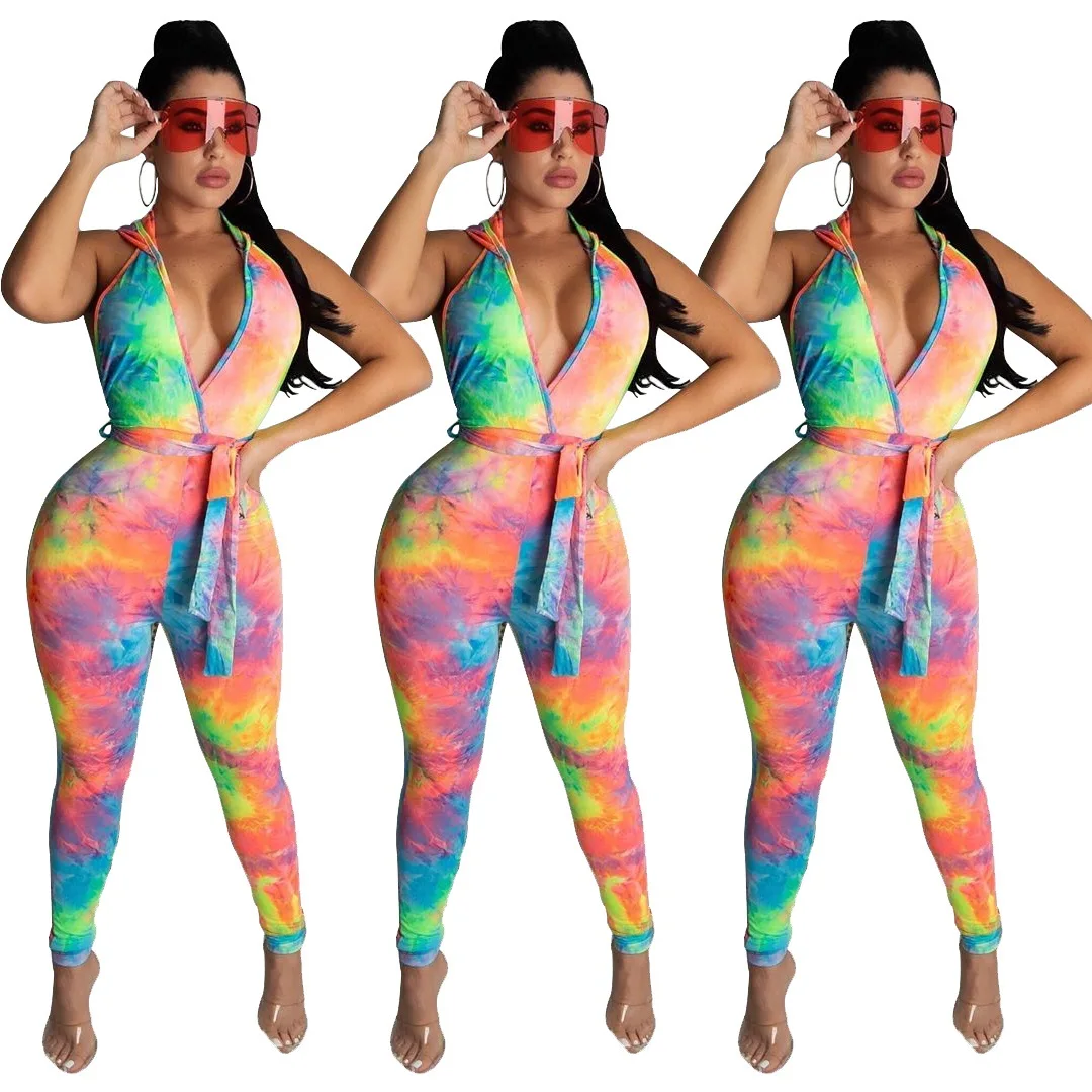 

summer tie dye jumpsuit sleeveless sexy backless design for women ladies
