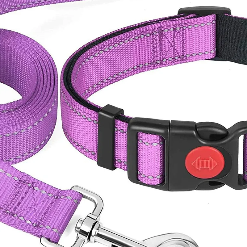 

Manufacturer custom pet collar cross-border Amazon adjustable reflective nylon webbing dog collar set, Blue/black/red/purple/pink