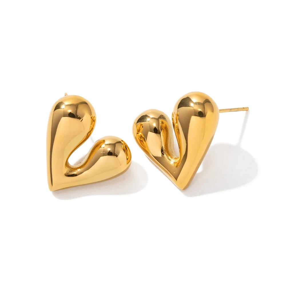 

Charm Stainless Steel 18K Gold Plate Jewelry Gift Waterproof Fluid Metal Heart Stud Earrings for Women