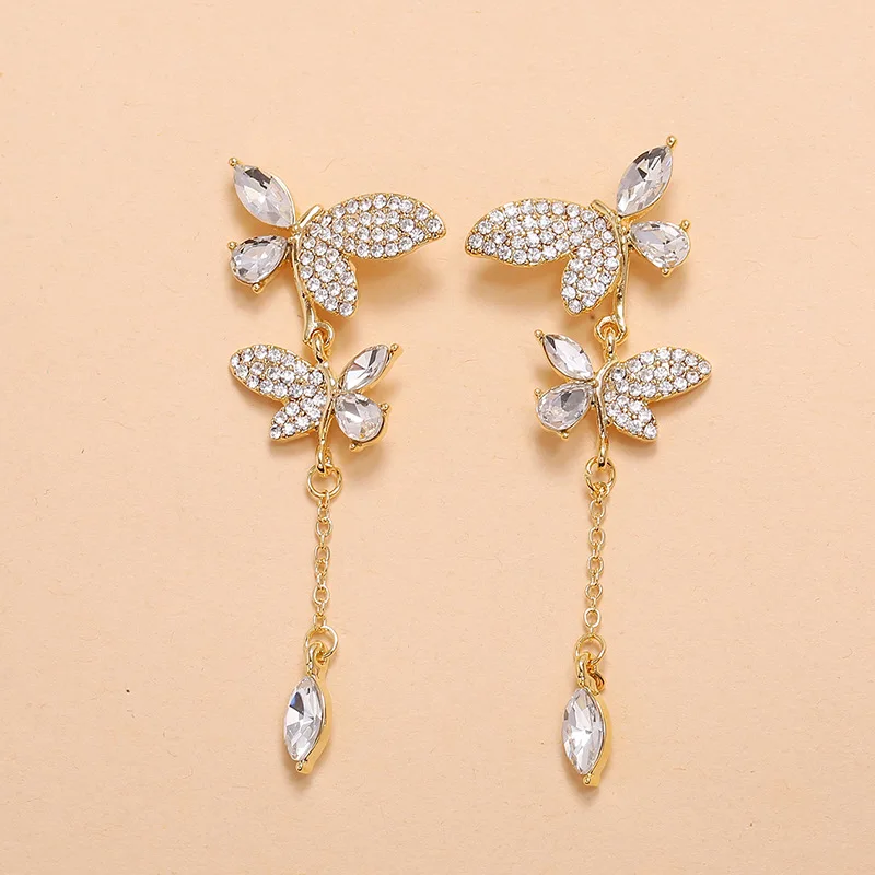 

New Arrival Double Butterfly Tassel Dangle Earrings Crystal Rhinestone Long Fringe Butterfly Drop Earrings