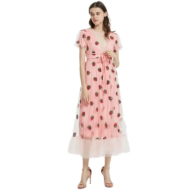 

MANNI dress 2022 strawberry tulle midi dress ruffle puff sleeve bow pink dress mesh womens clothes
