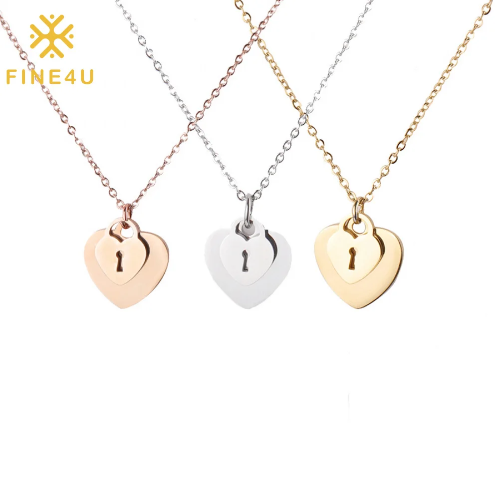 

Women Dainty Fashion Gold Plated Jewelry Love Lock Key Stainless Steel Heart Necklace