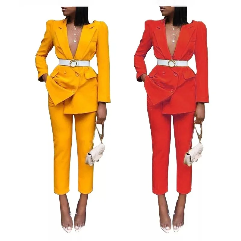 

Autumn Winter women Tracksuits sexy Notched Double Button long sleeve blazer straight pants fashion office lady Women's Casual