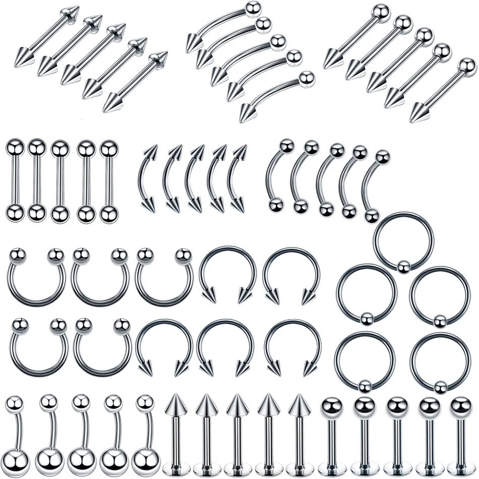 

60Pcs Stainless Steel Horseshoe Captive Nose Rings Lip Tongue Eyebrow Ring Helix Earrings Navel Belly Piercing Jewelry